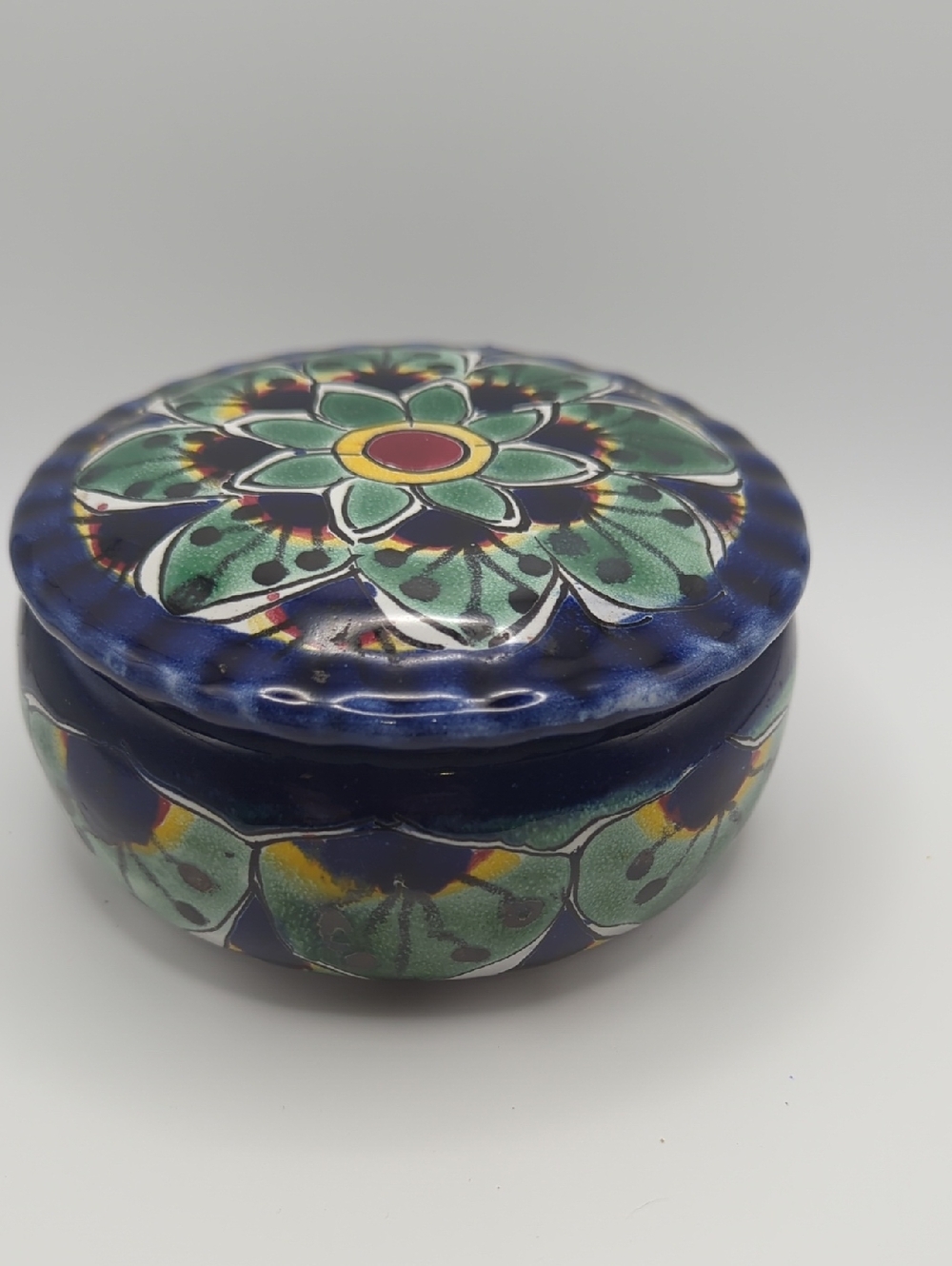 Hand-Painted Ceramic Trinket Box - Blue and Green, Made In Valencia Spain